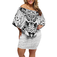 New Zealand Morepork Off Shoulder Short Dress Maori Pattern White