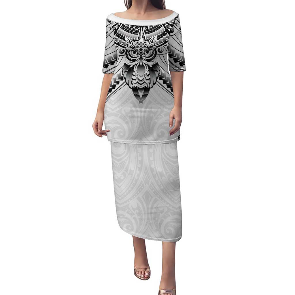 New Zealand Morepork Puletasi Maori Pattern White LT05 Long Dress White - Polynesian Pride
