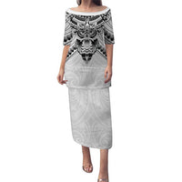 New Zealand Morepork Puletasi Maori Pattern White LT05 Long Dress White - Polynesian Pride