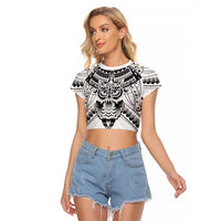 New Zealand Morepork Raglan Cropped T Shirt Maori Pattern White LT05 Female White - Polynesian Pride