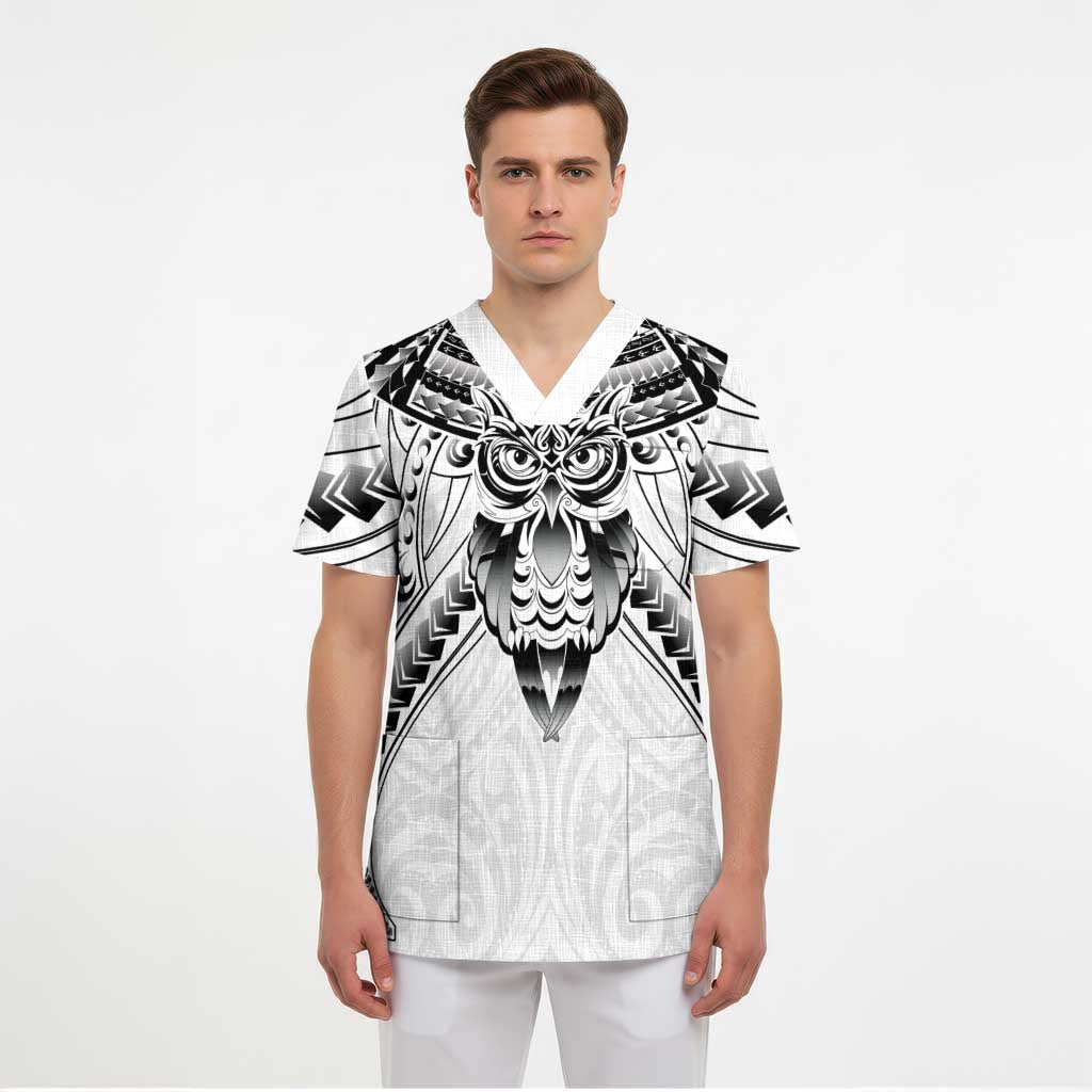 New Zealand Morepork Scrub Top Maori Pattern White - Polynesian Pride