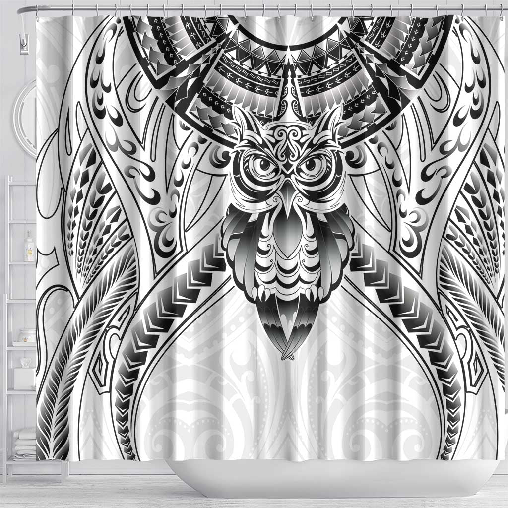 New Zealand Morepork Shower Curtain Maori Pattern White
