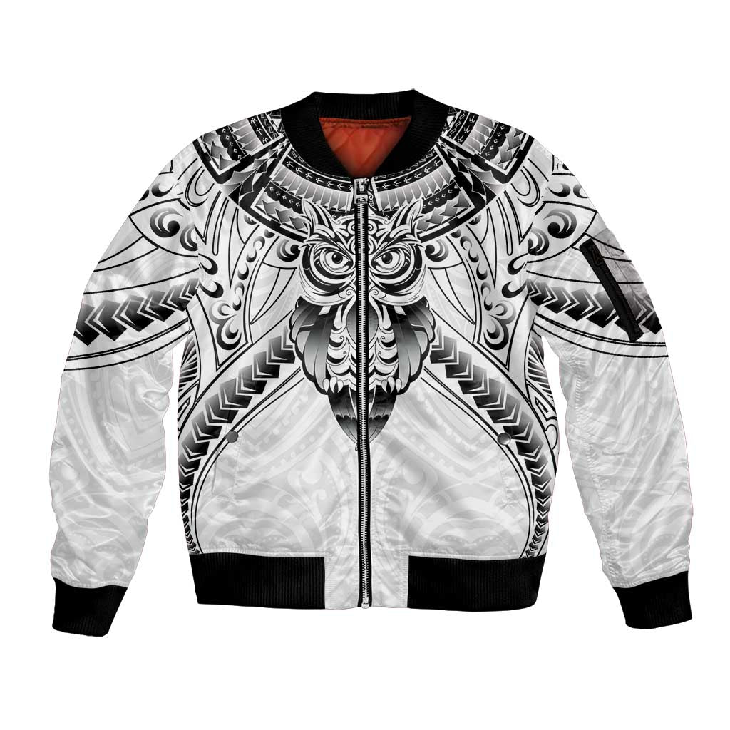 New Zealand Morepork Sleeve Zip Bomber Jacket Maori Pattern White