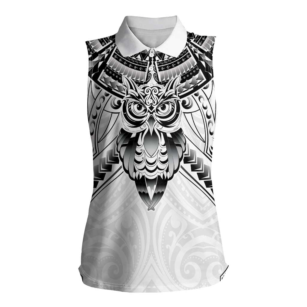 New Zealand Morepork Women Sleeveless Polo Shirt Maori Pattern White LT05 Female White - Polynesian Pride
