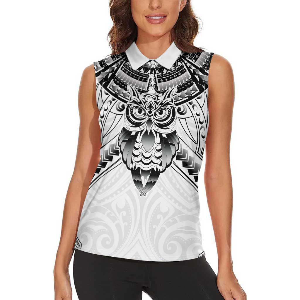 New Zealand Morepork Women Sleeveless Polo Shirt Maori Pattern White LT05 - Polynesian Pride