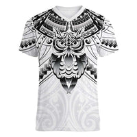 New Zealand Morepork Women V-Neck T-Shirt Maori Pattern White LT05 Female White - Polynesian Pride