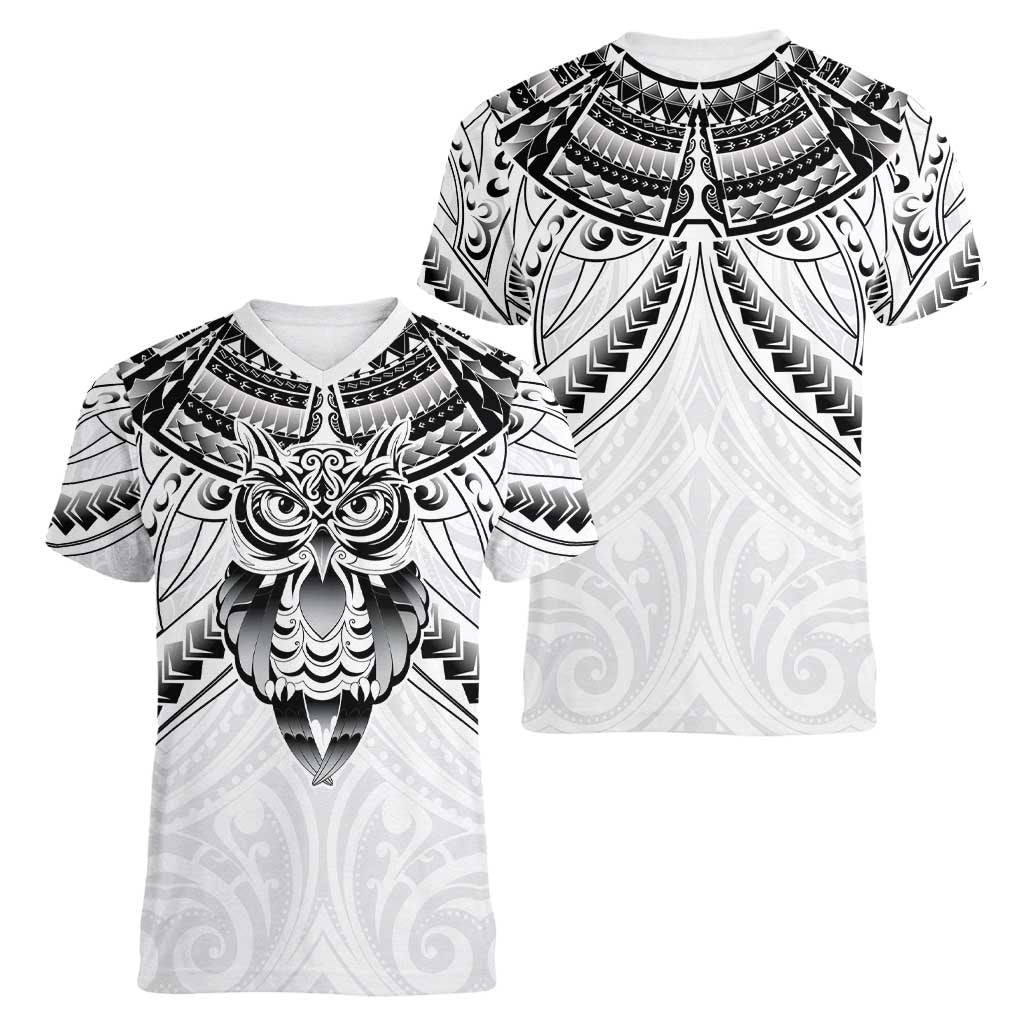 New Zealand Morepork Women V-Neck T-Shirt Maori Pattern White LT05 - Polynesian Pride