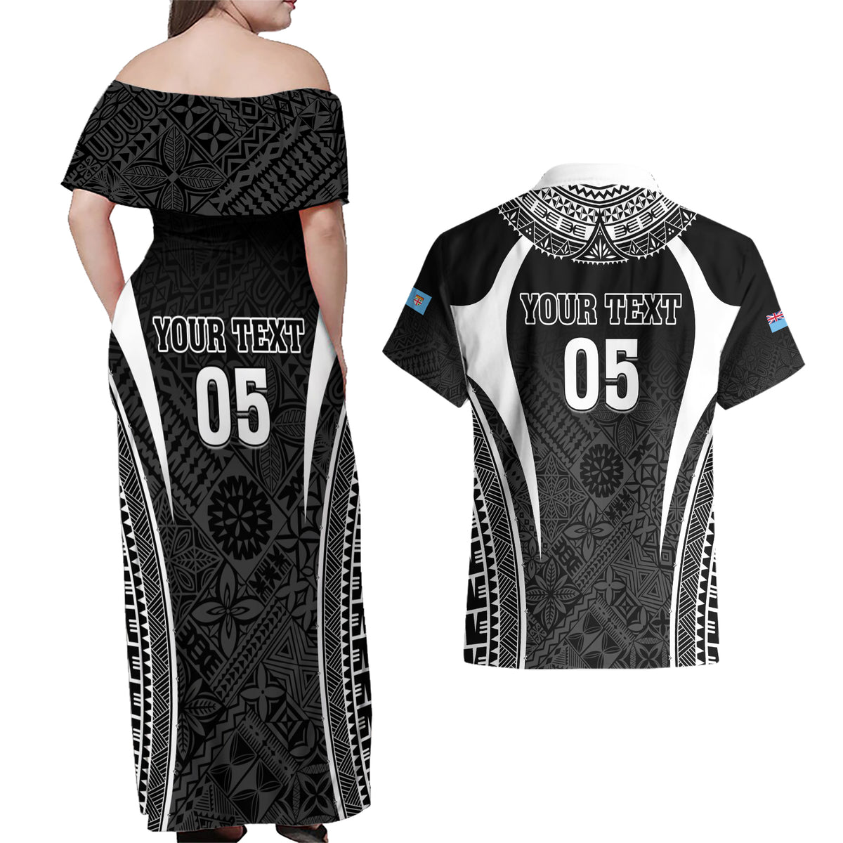Custom Fiji Rugby Couples Matching Off Shoulder Maxi Dress and Hawaiian Shirt Fijian Warrior Black