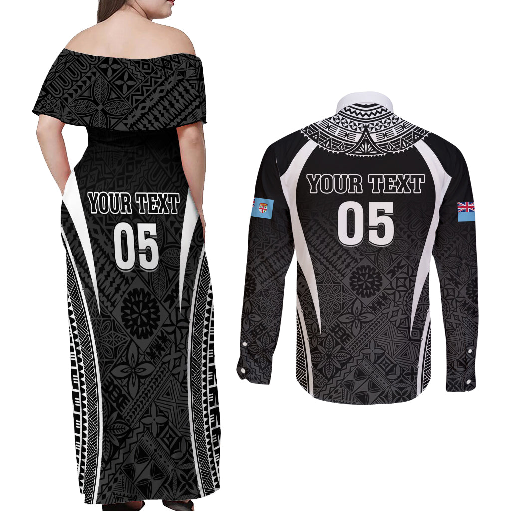 Custom Fiji Rugby Couples Matching Off Shoulder Maxi Dress and Long Sleeve Button Shirt Fijian Warrior Black