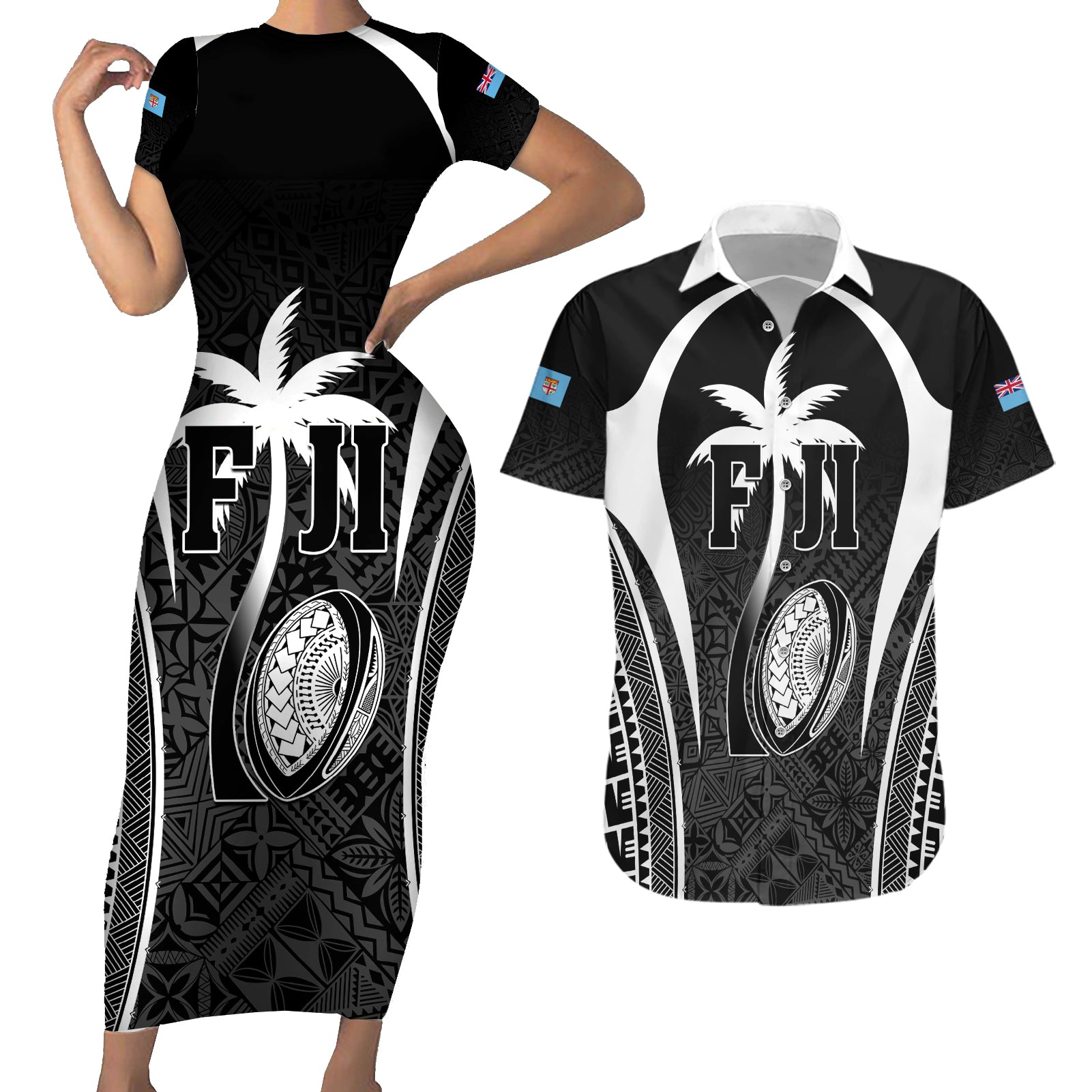 Custom Fiji Rugby Couples Matching Short Sleeve Bodycon Dress and Hawaiian Shirt Fijian Warrior Black