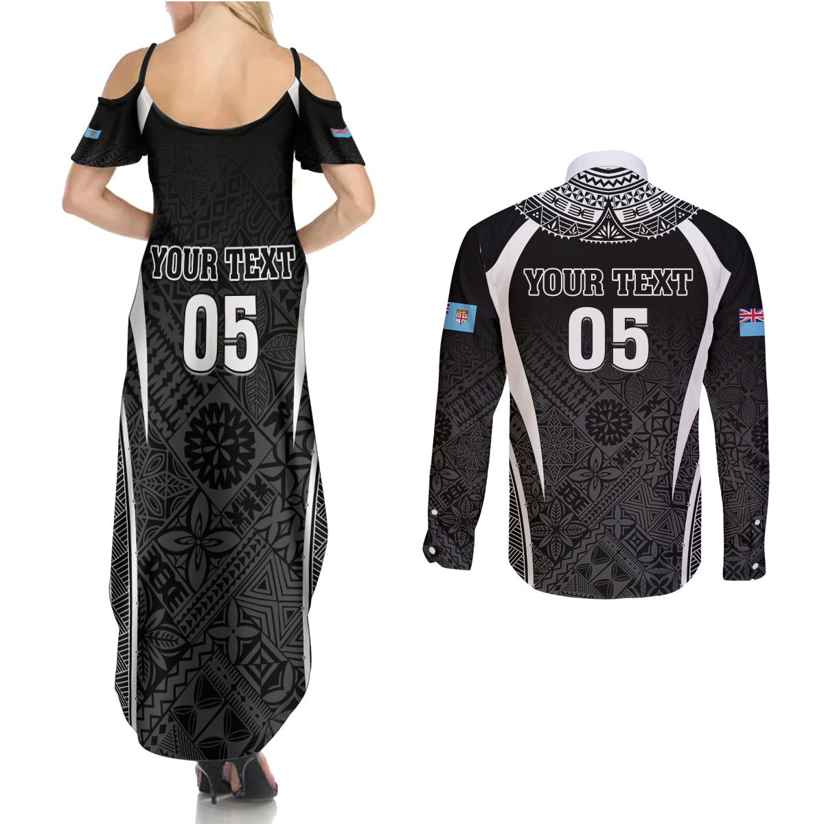 Custom Fiji Rugby Couples Matching Summer Maxi Dress and Long Sleeve Button Shirt Fijian Warrior Black