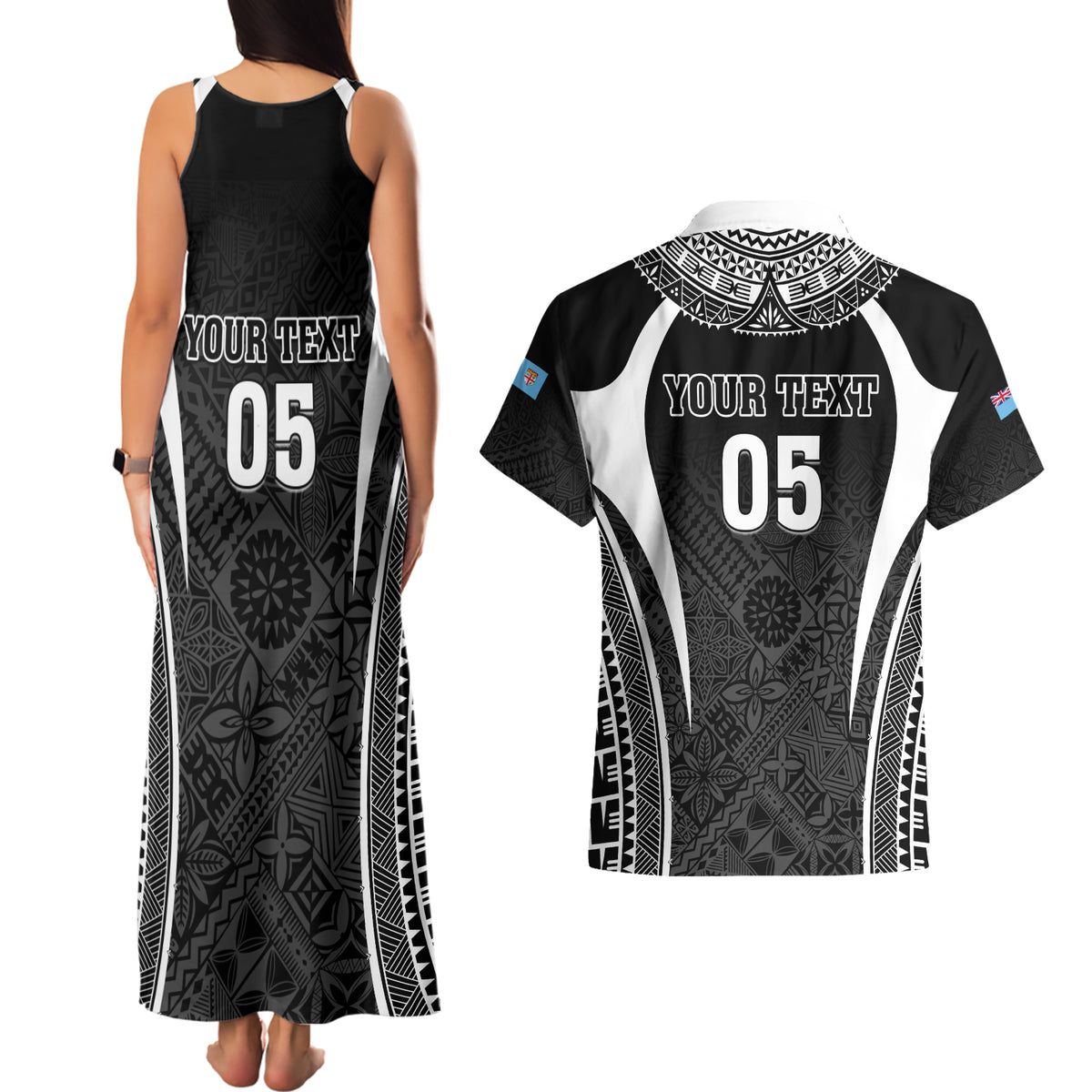 Custom Fiji Rugby Couples Matching Tank Maxi Dress and Hawaiian Shirt Fijian Warrior Black