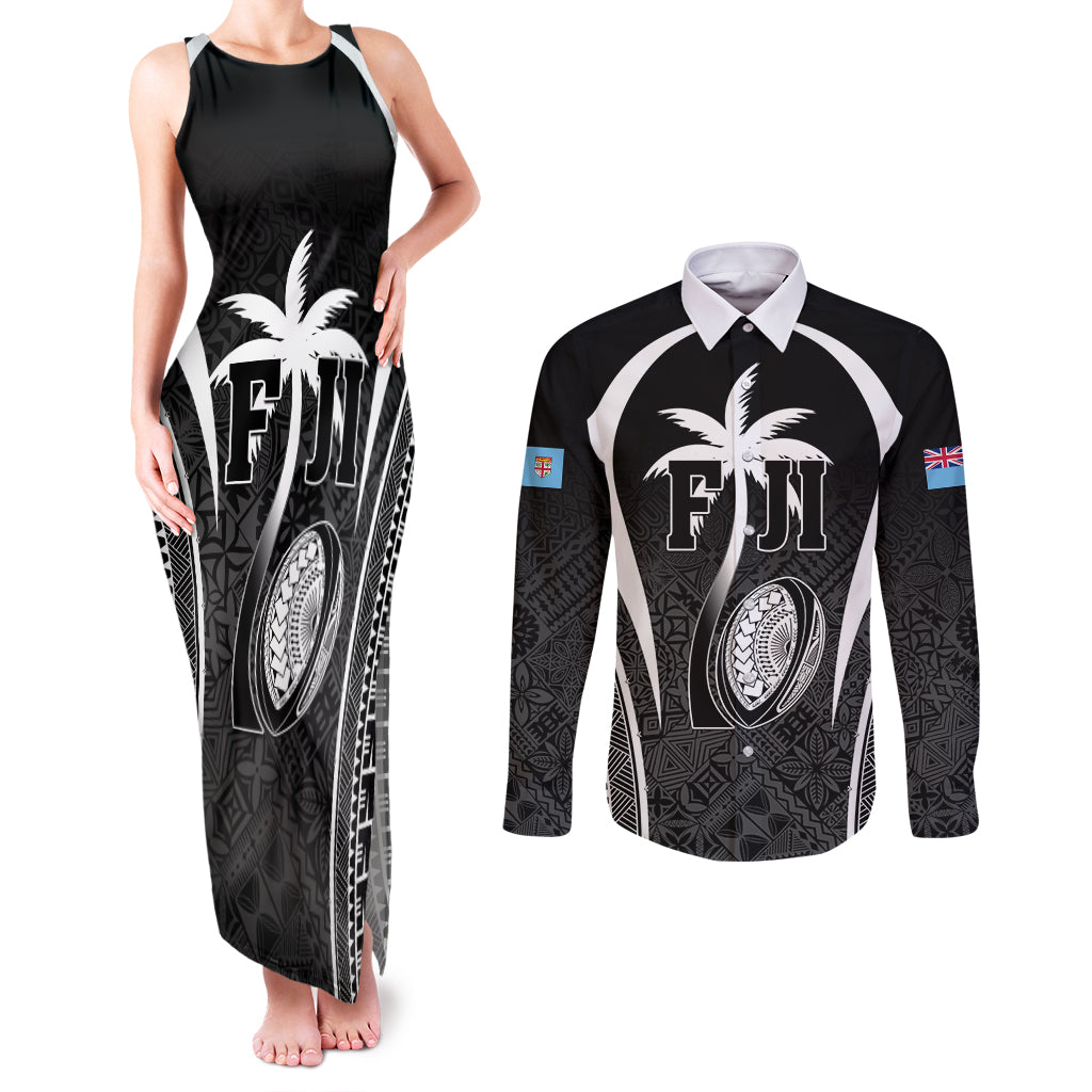Custom Fiji Rugby Couples Matching Tank Maxi Dress and Long Sleeve Button Shirt Fijian Warrior Black