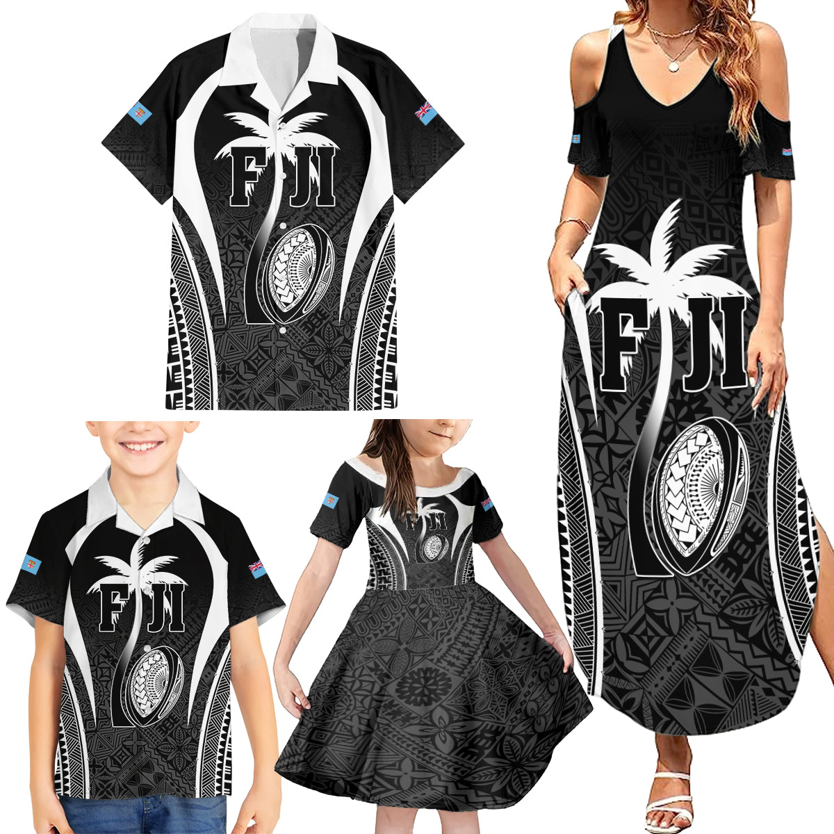 Custom Fiji Rugby Family Matching Summer Maxi Dress and Hawaiian Shirt Fijian Warrior Black