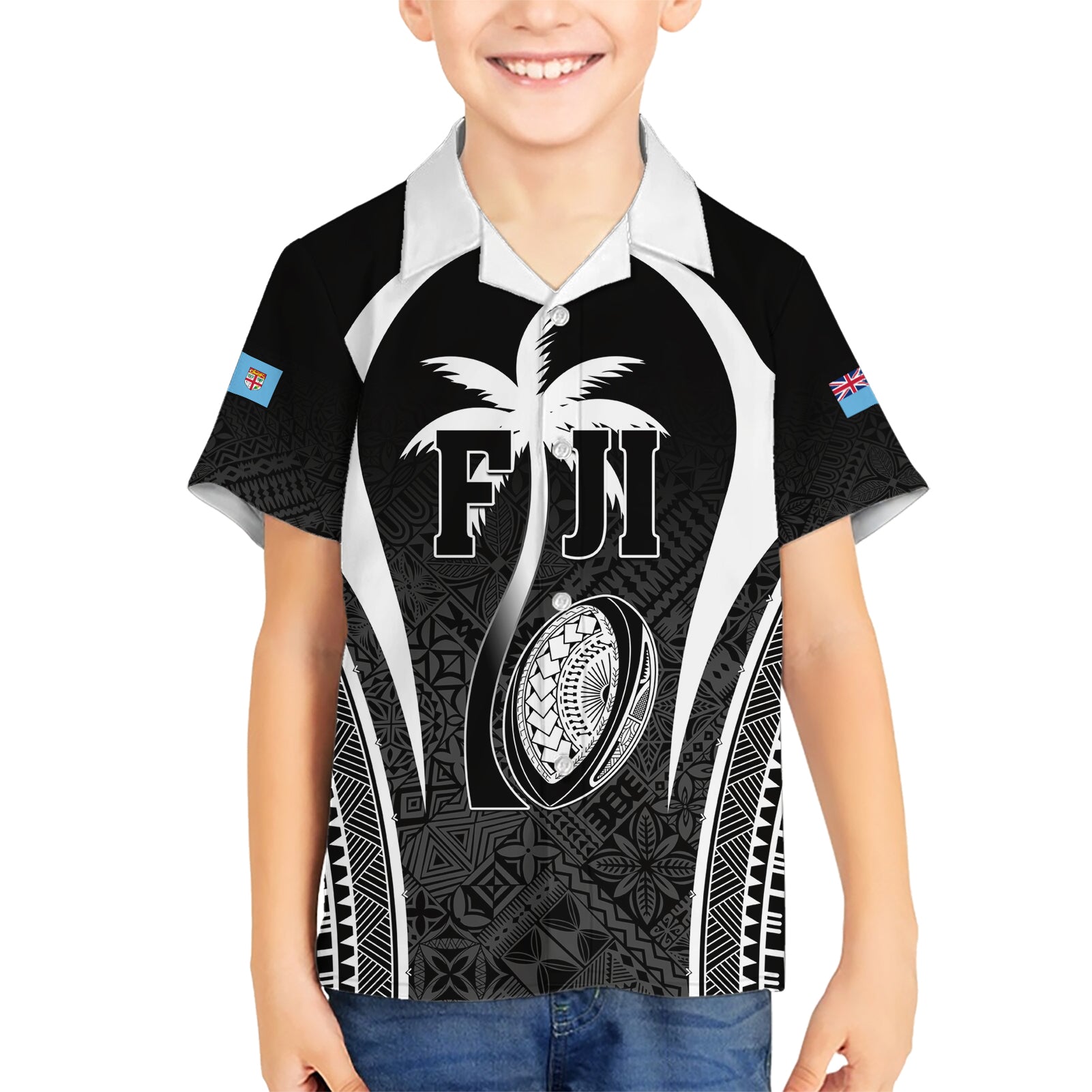 Custom Fiji Rugby Kid Hawaiian Shirt Fijian Warrior Black