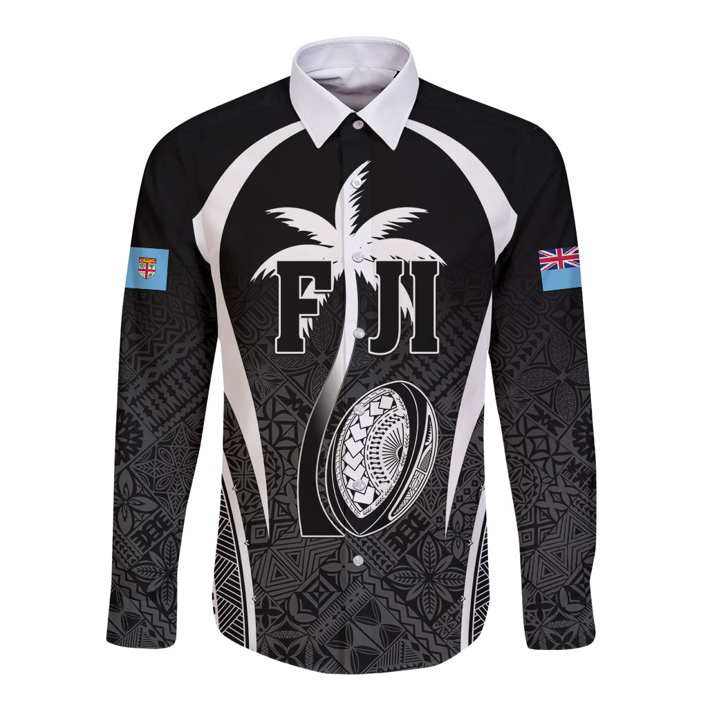 Custom Fiji Rugby Long Sleeve Button Shirt Fijian Warrior Black