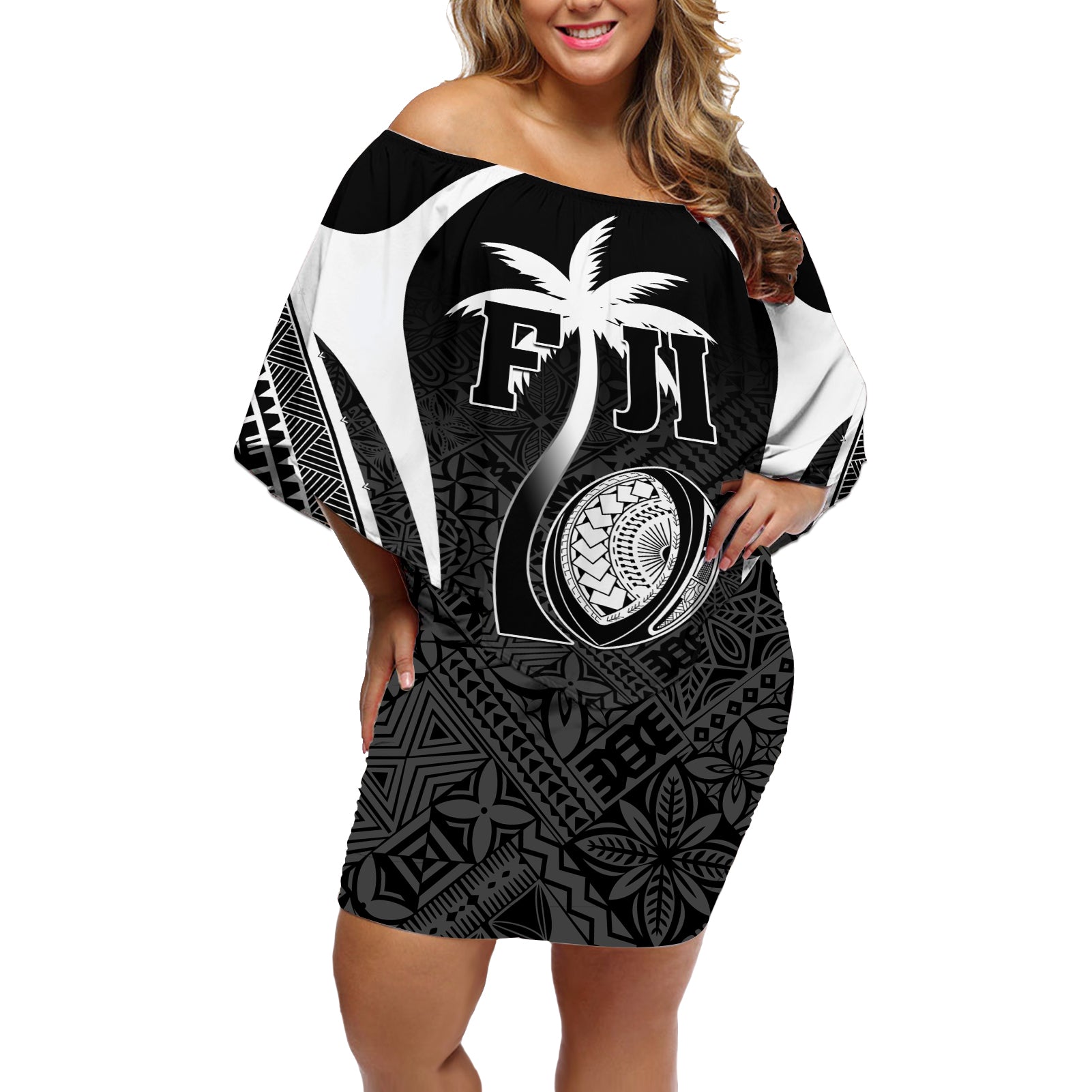 Custom Fiji Rugby Off Shoulder Short Dress Fijian Warrior Black