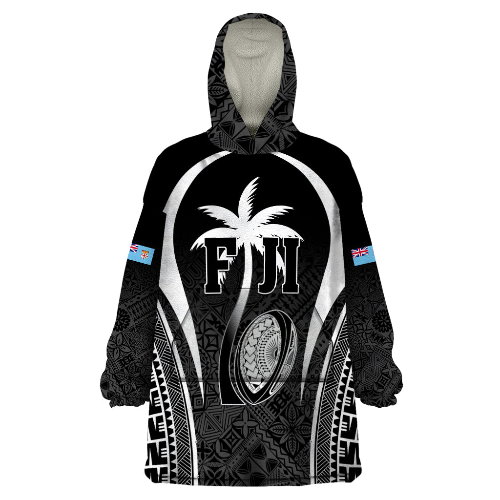 Custom Fiji Rugby Wearable Blanket Hoodie Fijian Warrior Black