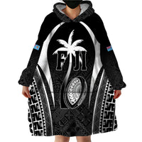 Custom Fiji Rugby Wearable Blanket Hoodie Fijian Warrior Black