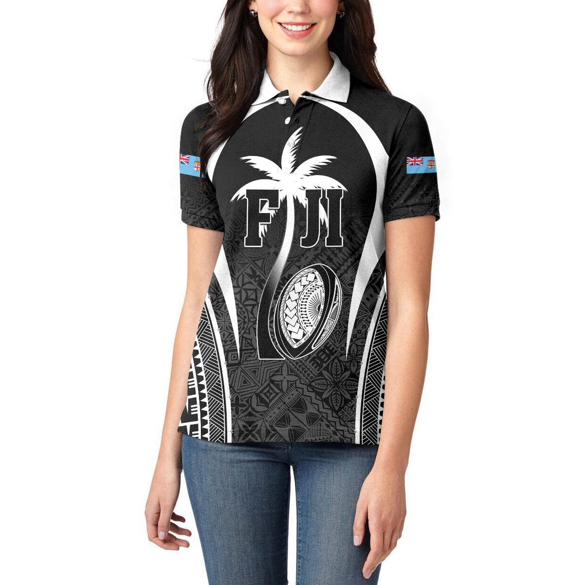 Custom Fiji Rugby Women Polo Shirt Fijian Warrior Black