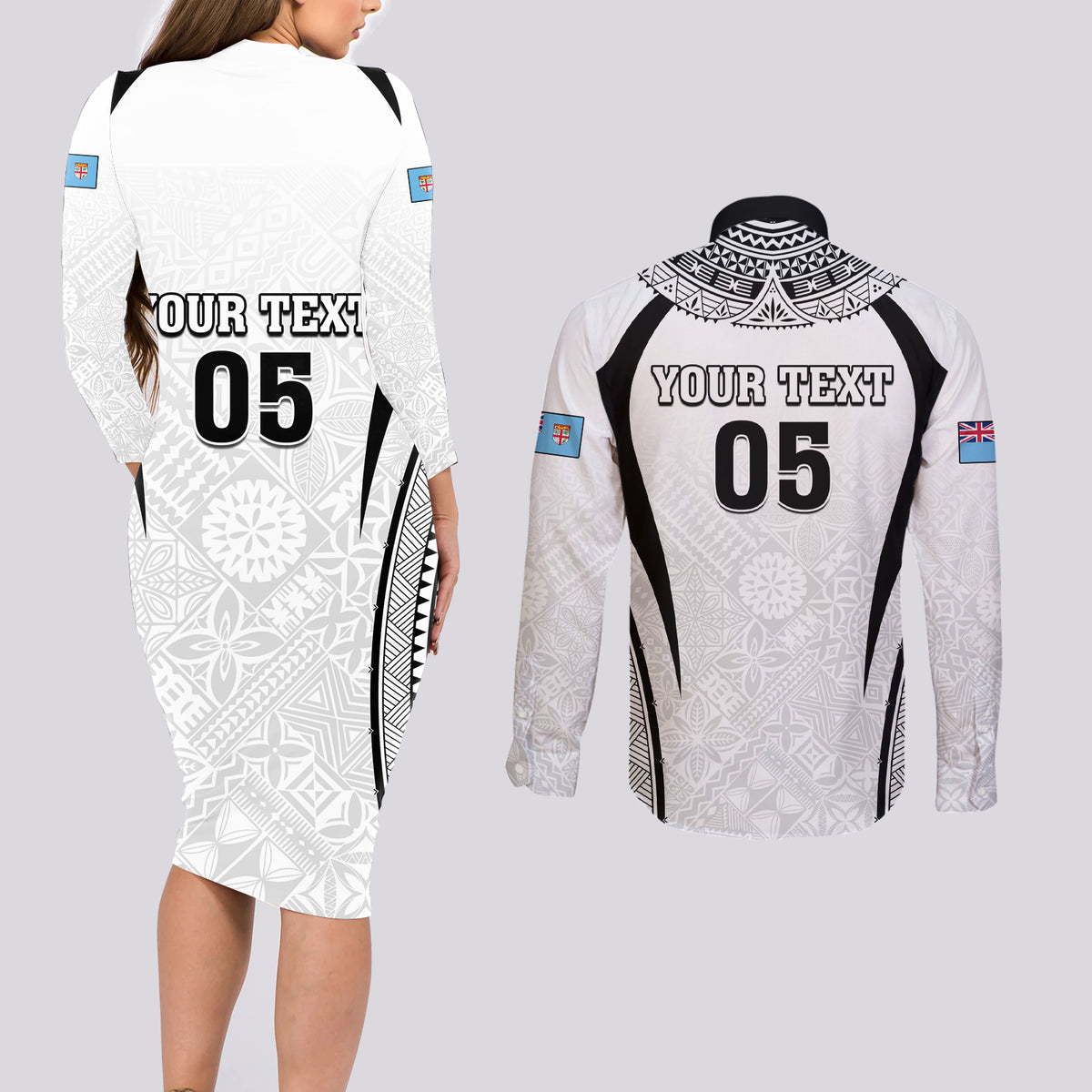 Custom Fiji Rugby Couples Matching Long Sleeve Bodycon Dress and Long Sleeve Button Shirt Fijian Warrior White