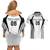 Custom Fiji Rugby Couples Matching Off Shoulder Short Dress and Hawaiian Shirt Fijian Warrior White