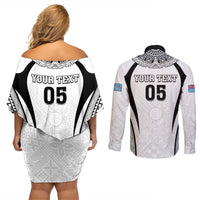 Custom Fiji Rugby Couples Matching Off Shoulder Short Dress and Long Sleeve Button Shirt Fijian Warrior White