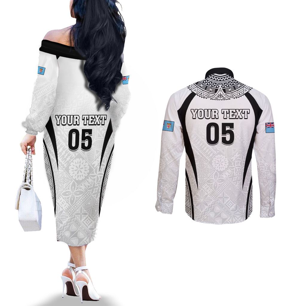 Custom Fiji Rugby Couples Matching Off The Shoulder Long Sleeve Dress and Long Sleeve Button Shirt Fijian Warrior White