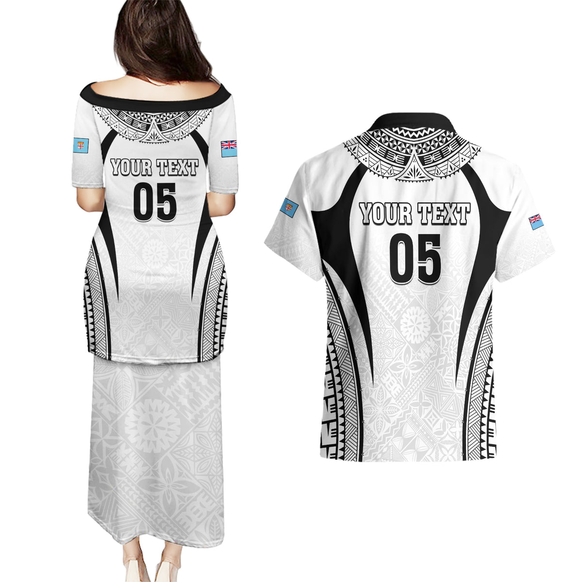 Custom Fiji Rugby Couples Matching Puletasi and Hawaiian Shirt Fijian Warrior White