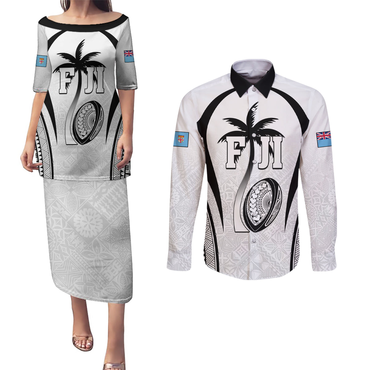 Custom Fiji Rugby Couples Matching Puletasi and Long Sleeve Button Shirt Fijian Warrior White