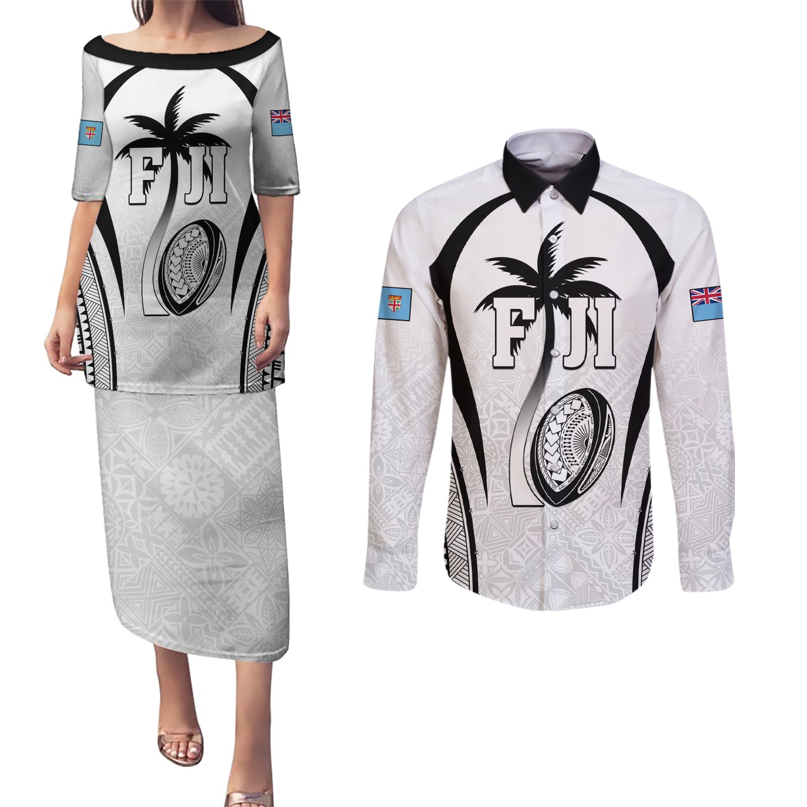 Custom Fiji Rugby Couples Matching Puletasi and Long Sleeve Button Shirt Fijian Warrior White
