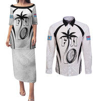 Custom Fiji Rugby Couples Matching Puletasi and Long Sleeve Button Shirt Fijian Warrior White