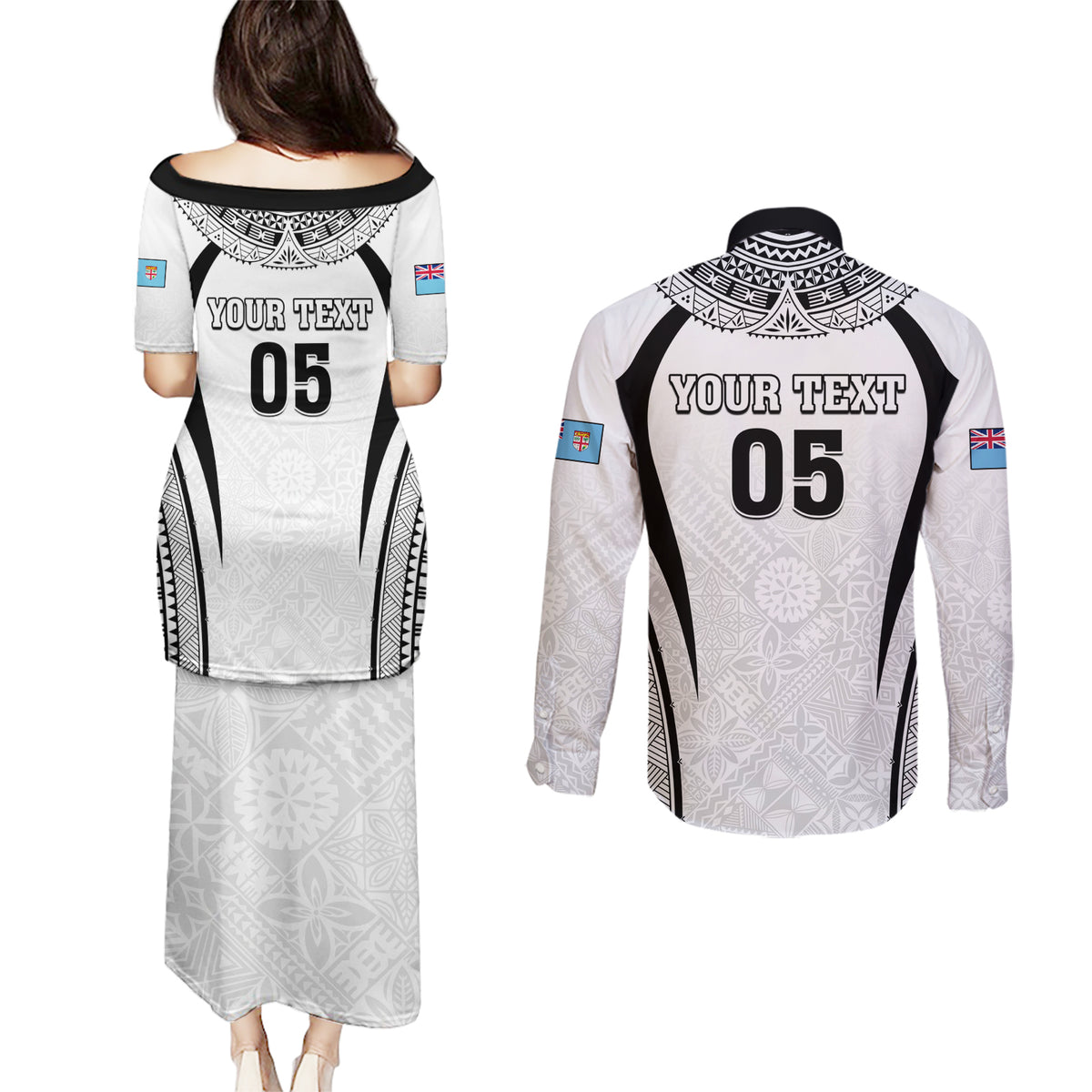 Custom Fiji Rugby Couples Matching Puletasi and Long Sleeve Button Shirt Fijian Warrior White