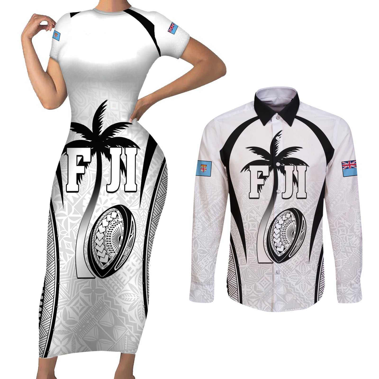Custom Fiji Rugby Couples Matching Short Sleeve Bodycon Dress and Long Sleeve Button Shirt Fijian Warrior White