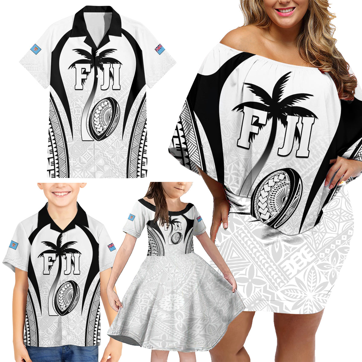 Custom Fiji Rugby Family Matching Off Shoulder Short Dress and Hawaiian Shirt Fijian Warrior White