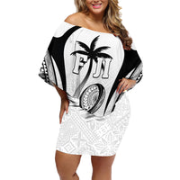 Custom Fiji Rugby Family Matching Off Shoulder Short Dress and Hawaiian Shirt Fijian Warrior White