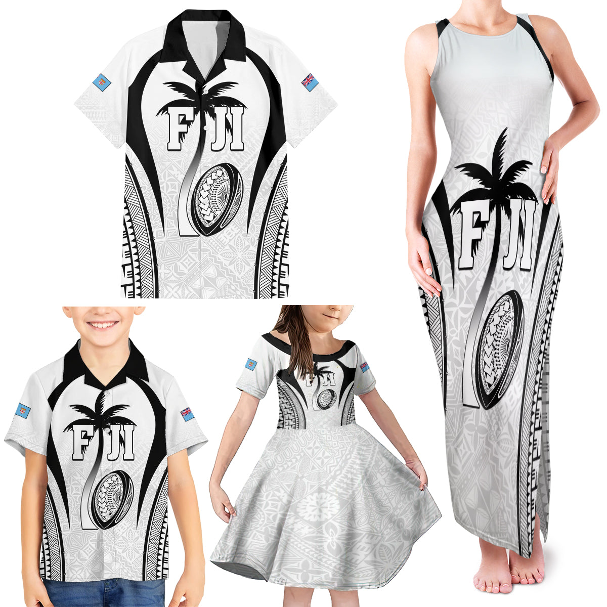 Custom Fiji Rugby Family Matching Tank Maxi Dress and Hawaiian Shirt Fijian Warrior White