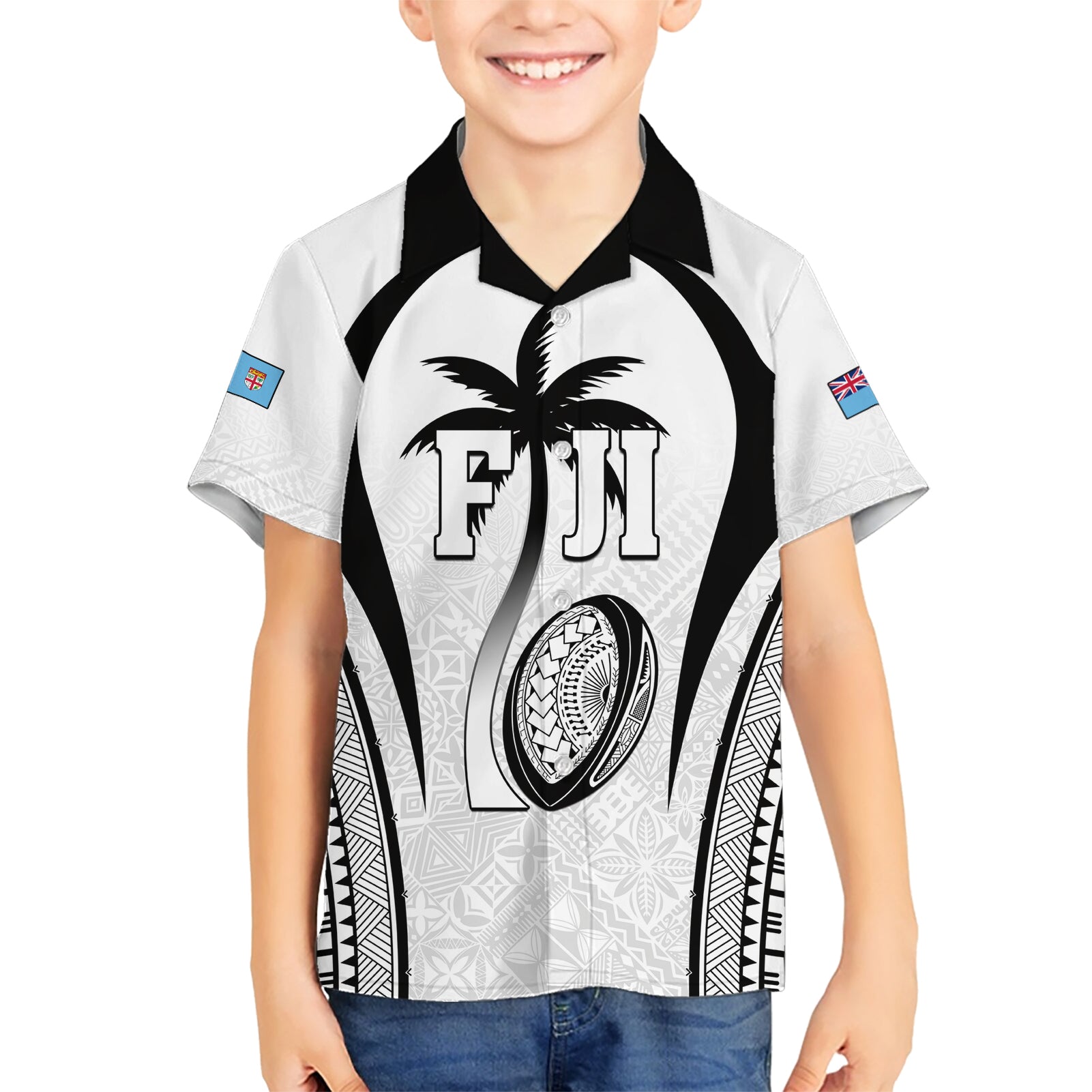 Custom Fiji Rugby Kid Hawaiian Shirt Fijian Warrior White