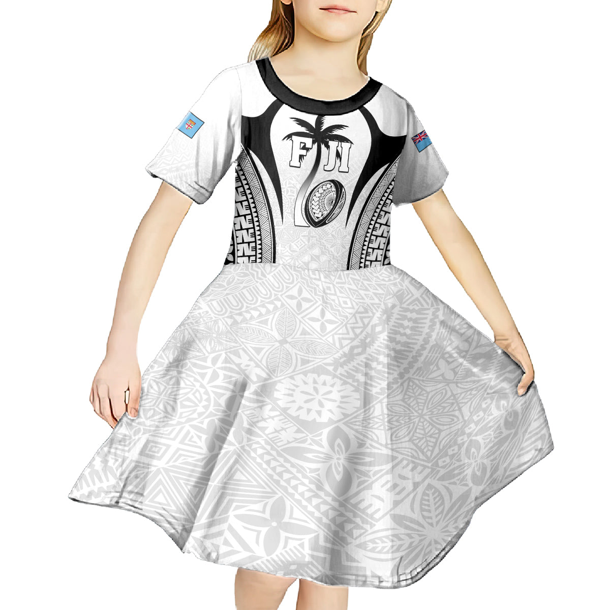 Custom Fiji Rugby Kid Short Sleeve Dress Fijian Warrior White