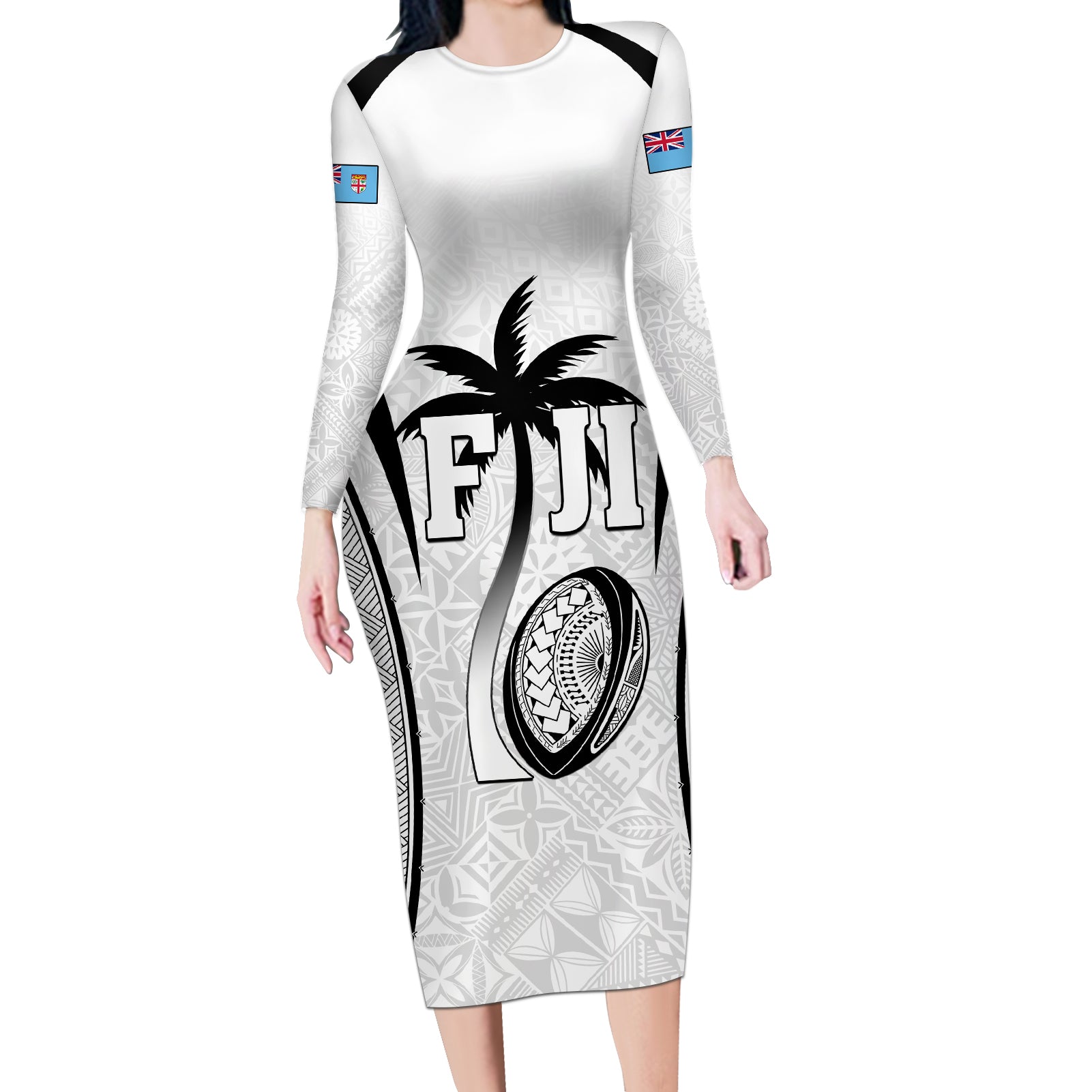 Custom Fiji Rugby Long Sleeve Bodycon Dress Fijian Warrior White