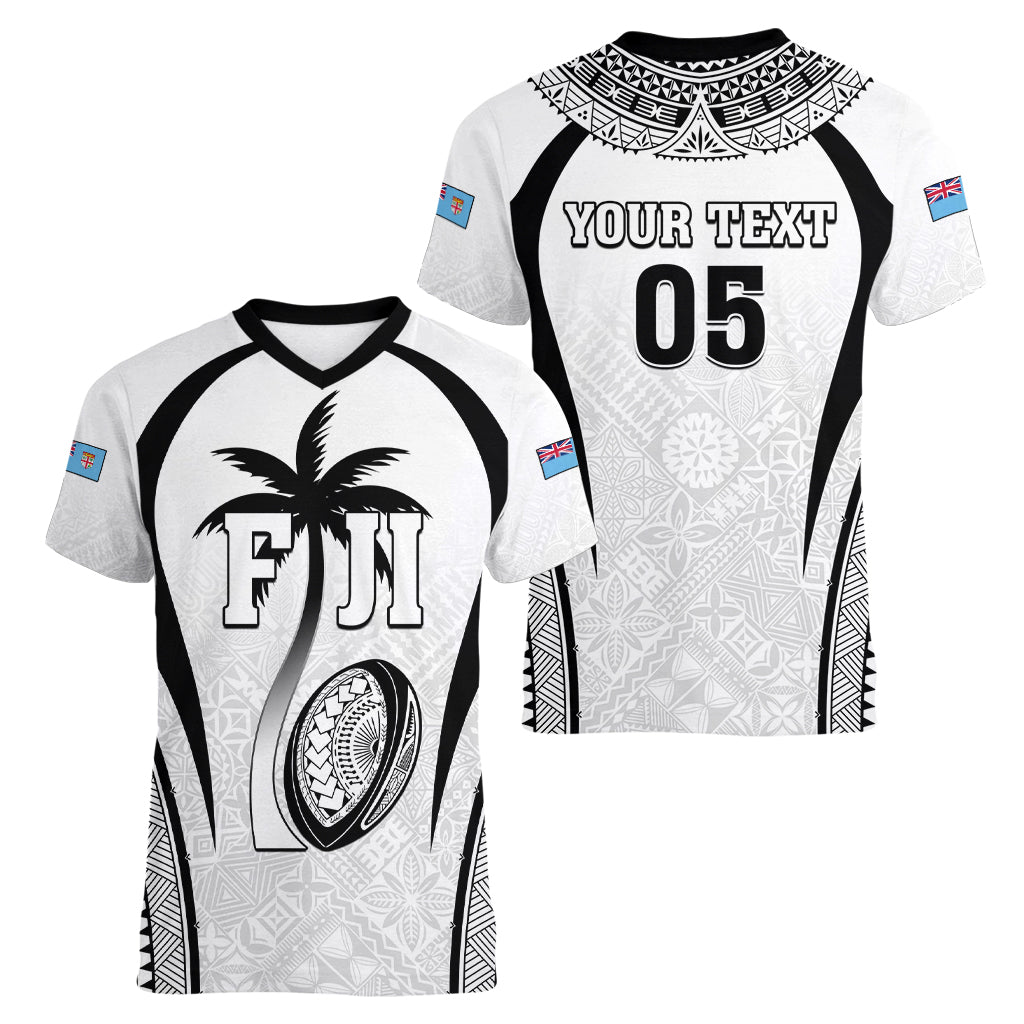 Custom Fiji Rugby Women V-Neck T-Shirt Fijian Warrior White