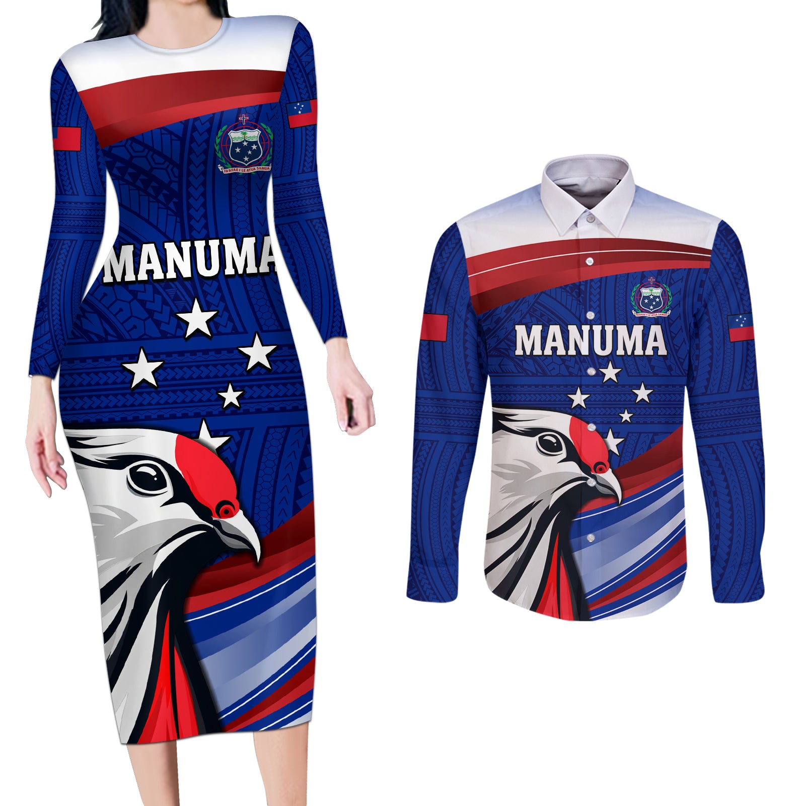 Custom Samoa Rugby Couples Matching Long Sleeve Bodycon Dress and Long Sleeve Button Shirt Manuma Ptilinopus Perousii