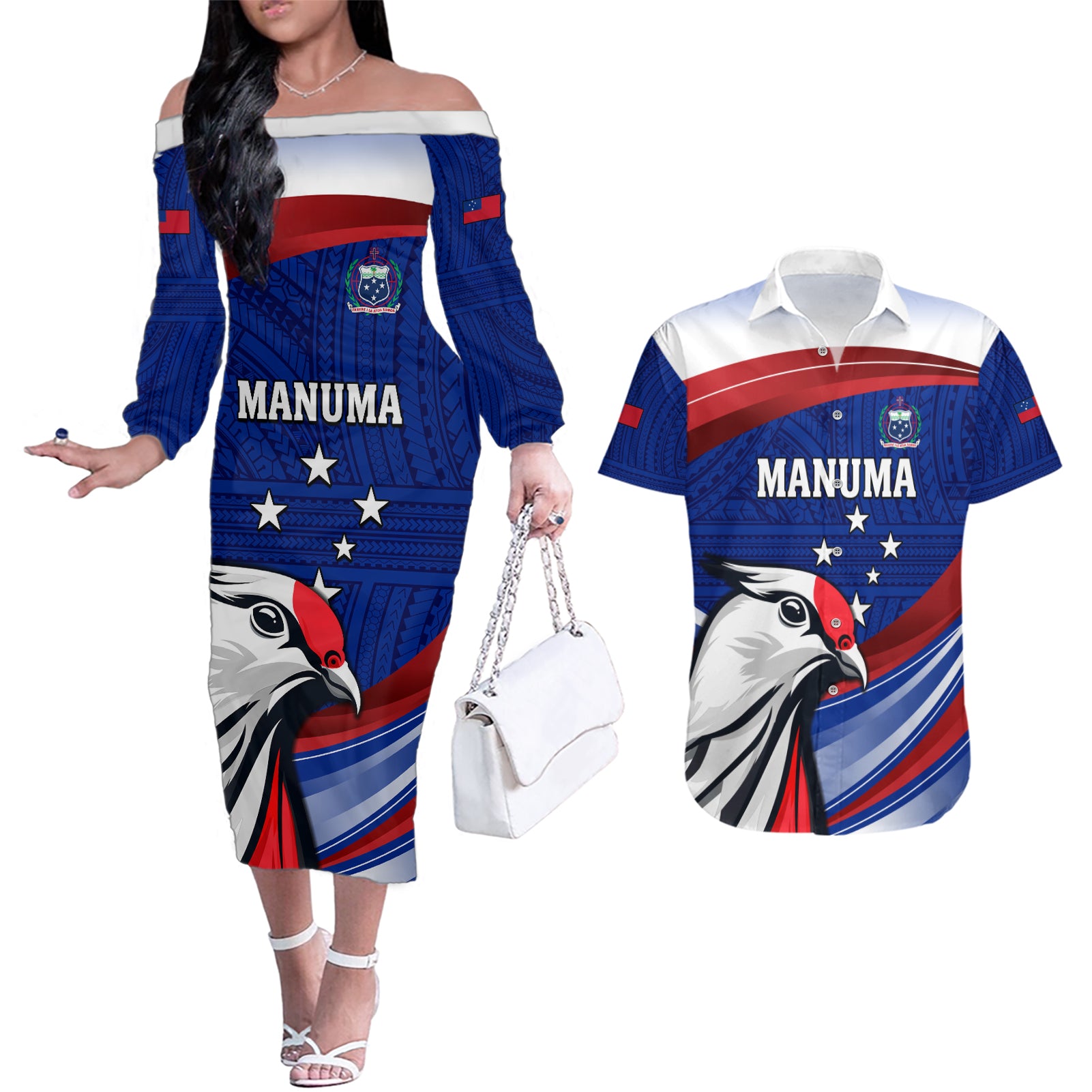 Custom Samoa Rugby Couples Matching Off The Shoulder Long Sleeve Dress and Hawaiian Shirt Manuma Ptilinopus Perousii