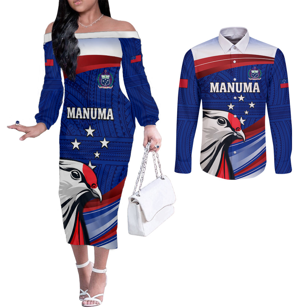 Custom Samoa Rugby Couples Matching Off The Shoulder Long Sleeve Dress and Long Sleeve Button Shirt Manuma Ptilinopus Perousii