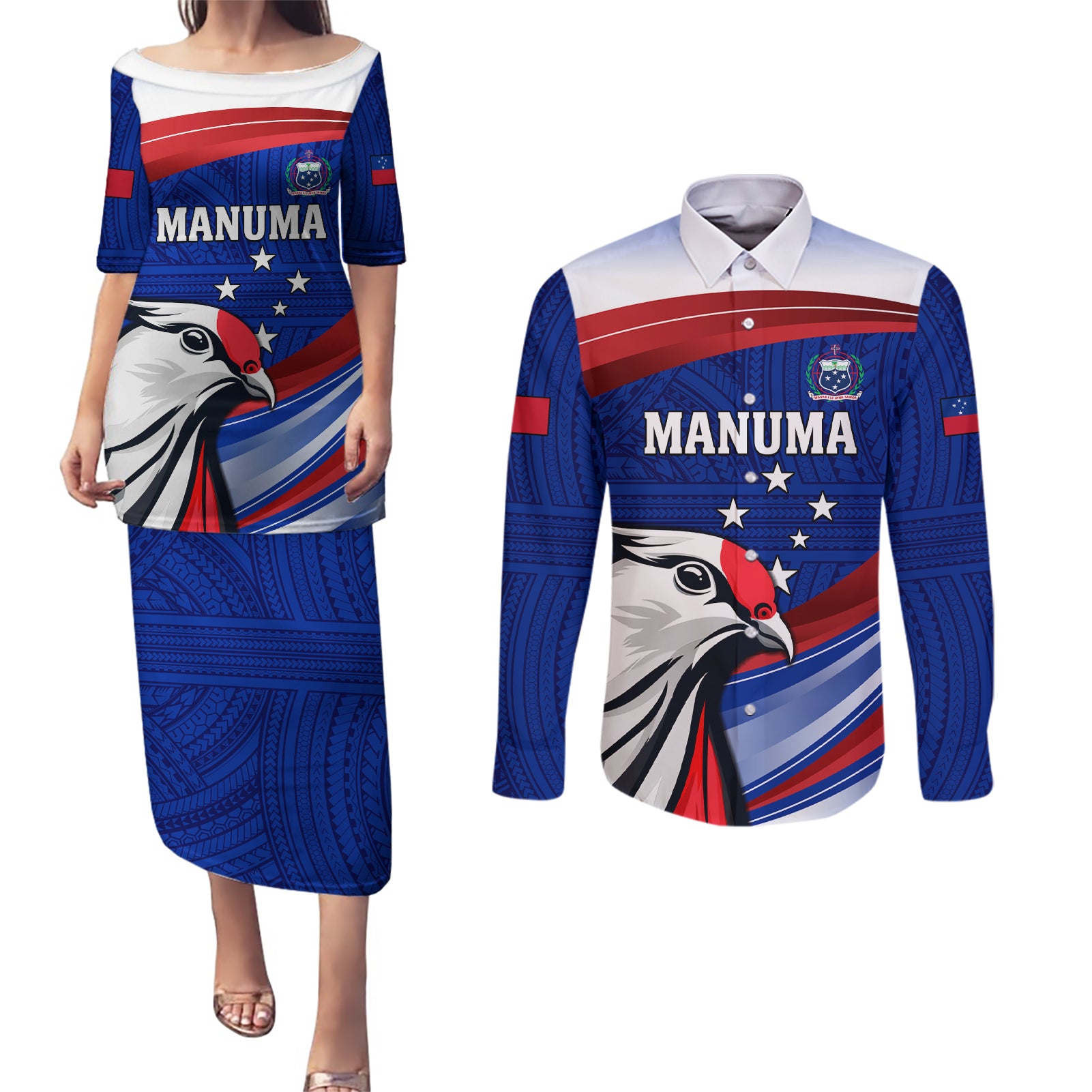 Custom Samoa Rugby Couples Matching Puletasi and Long Sleeve Button Shirt Manuma Ptilinopus Perousii