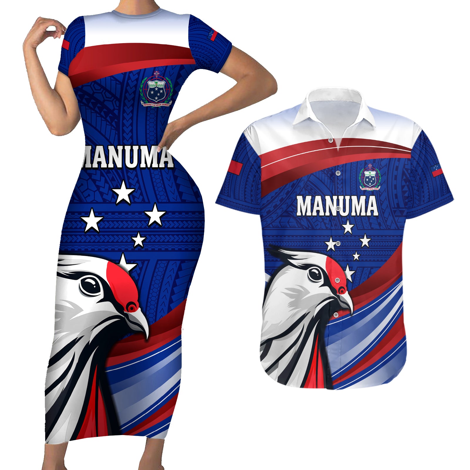 Custom Samoa Rugby Couples Matching Short Sleeve Bodycon Dress and Hawaiian Shirt Manuma Ptilinopus Perousii