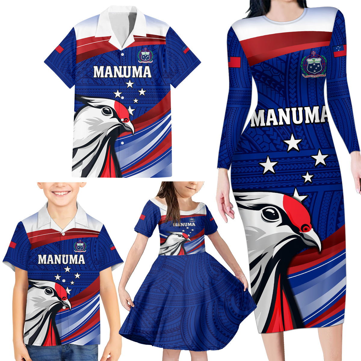 Custom Samoa Rugby Family Matching Long Sleeve Bodycon Dress and Hawaiian Shirt Manuma Ptilinopus Perousii