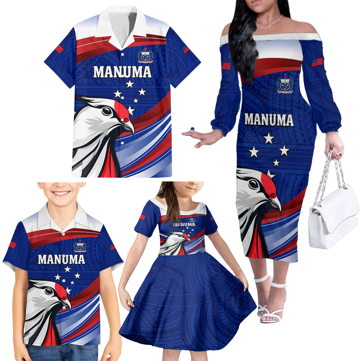 Custom Samoa Rugby Family Matching Off The Shoulder Long Sleeve Dress and Hawaiian Shirt Manuma Ptilinopus Perousii