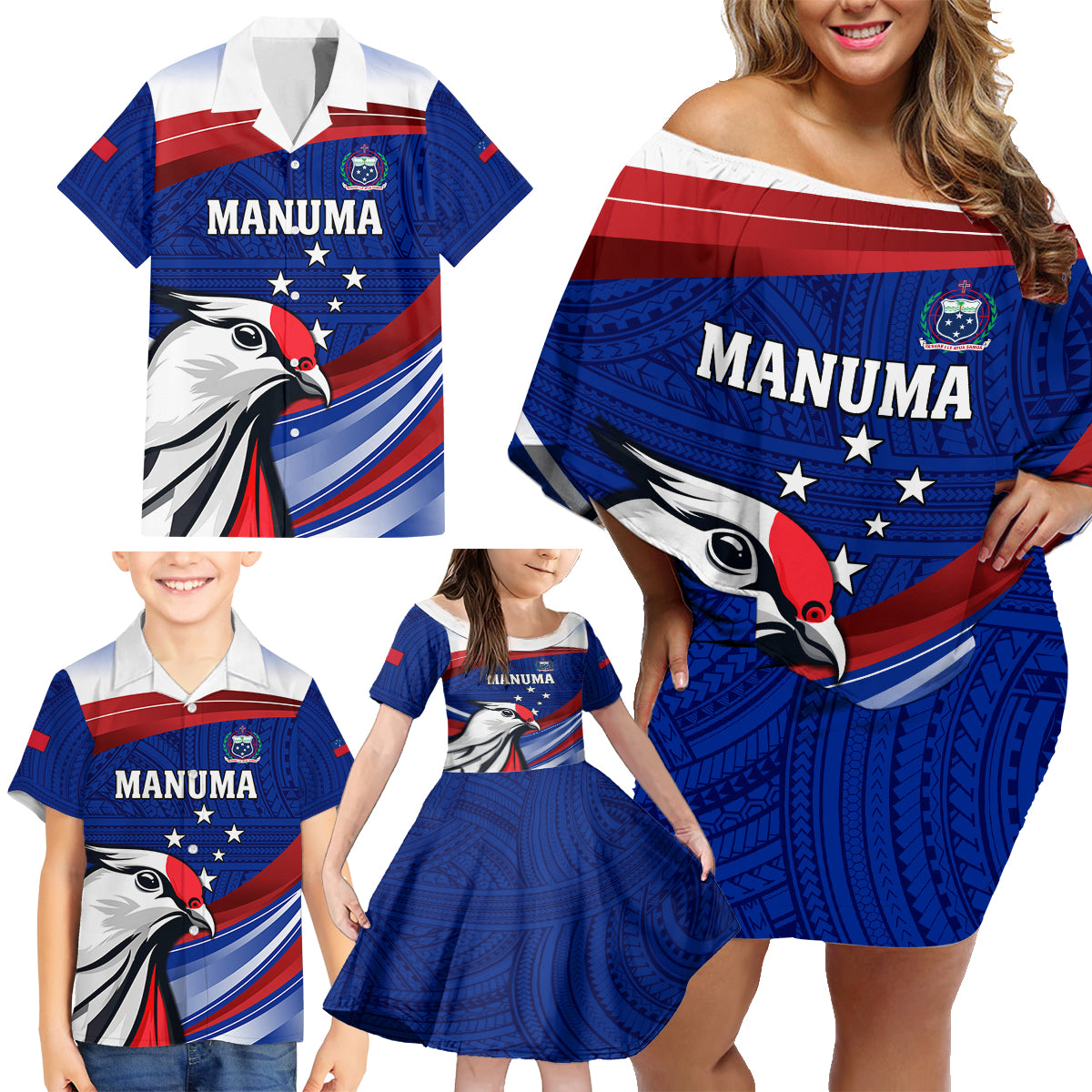 Custom Samoa Rugby Family Matching Off Shoulder Short Dress and Hawaiian Shirt Manuma Ptilinopus Perousii