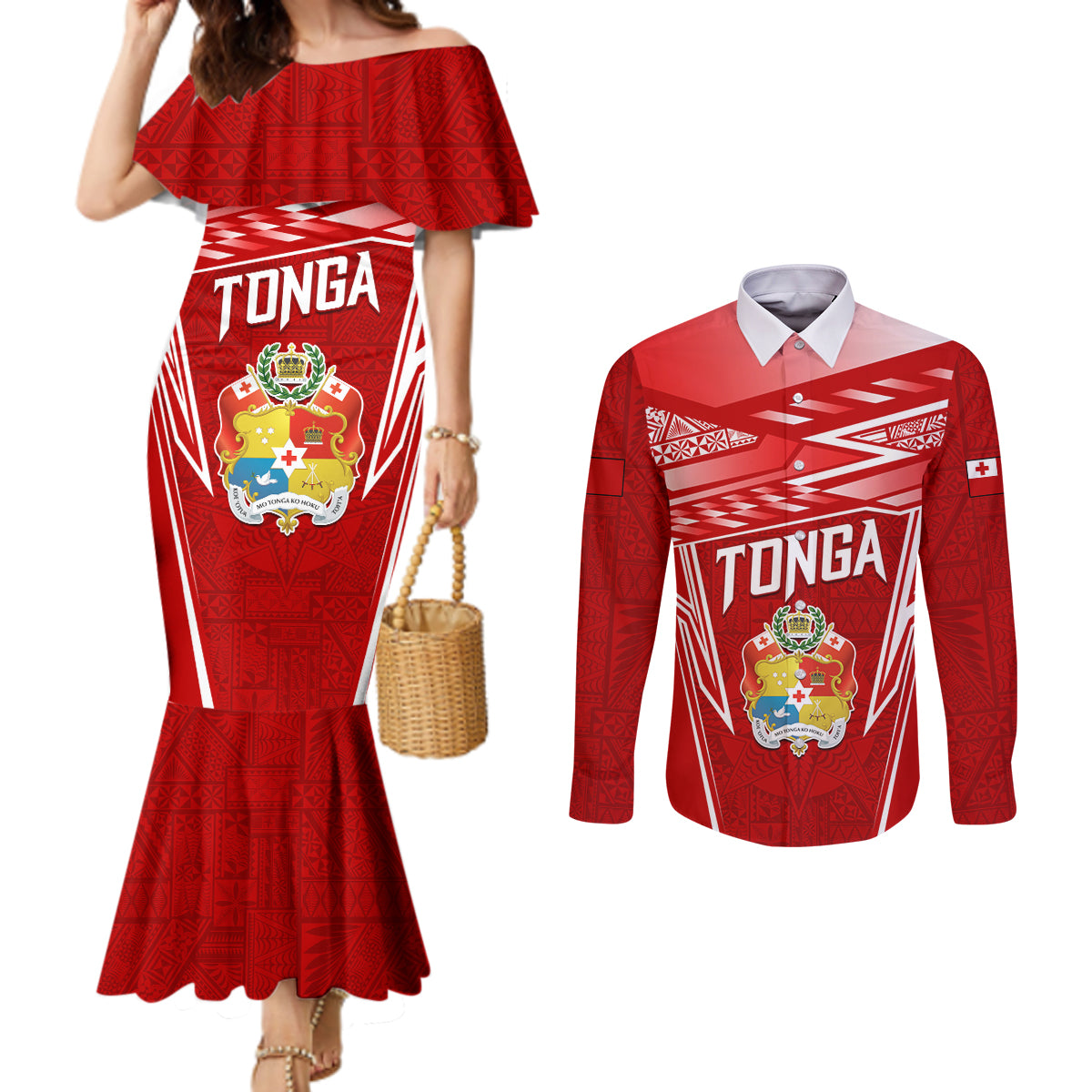 Custom Tonga Rugby Couples Matching Mermaid Dress and Long Sleeve Button Shirt Kupesi Ngatu Pattern